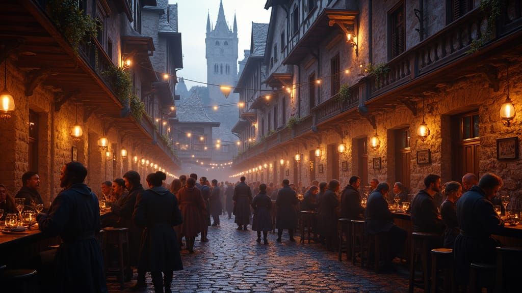 Medieval Tavern Contrasted with Modern Cityscape