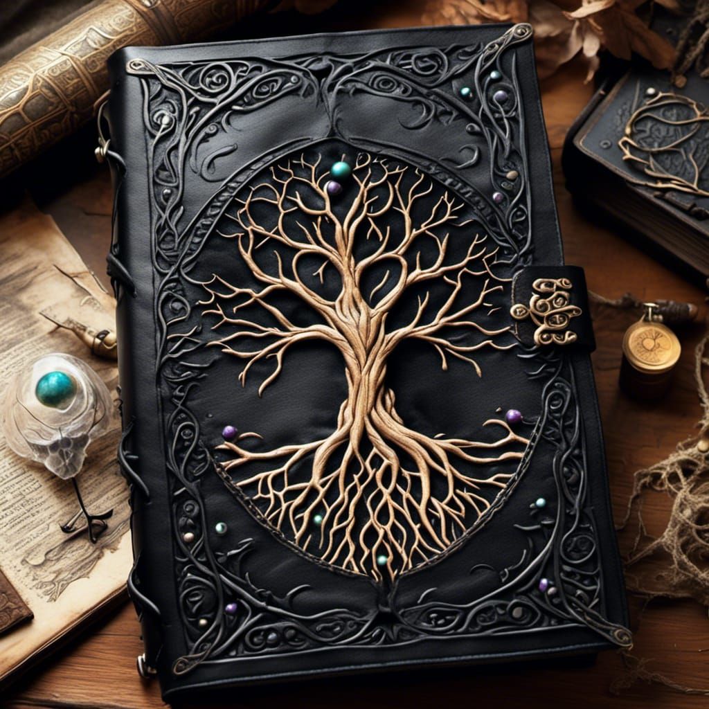 Mystical Black Leather-bound Spellbook on Yggdrasil
