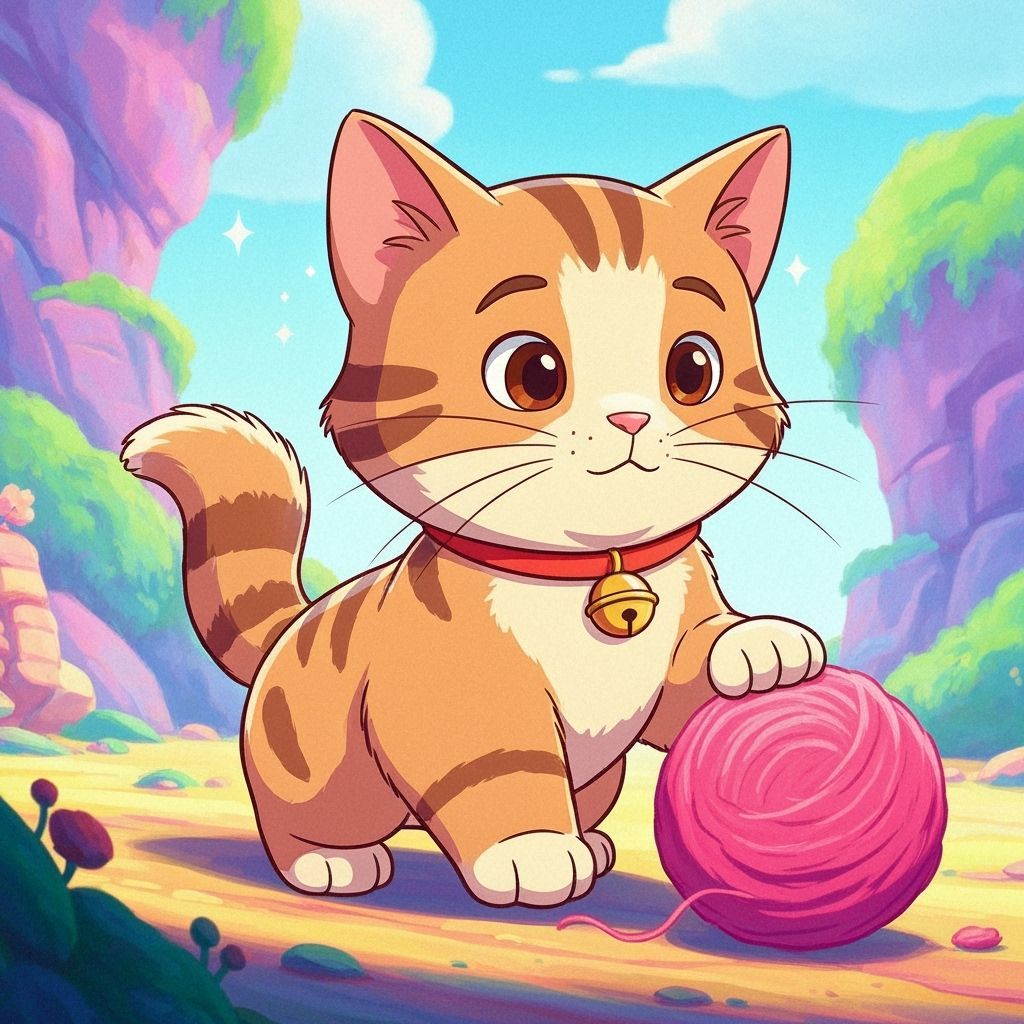 Adorable Kitten Plays with Wool in Cartoon Style