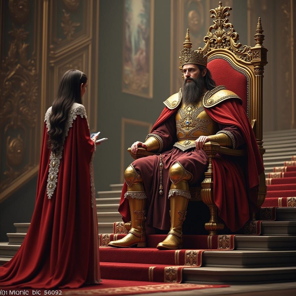 Regal King Seated on Throne-Like Chair at Grand Staircase in...