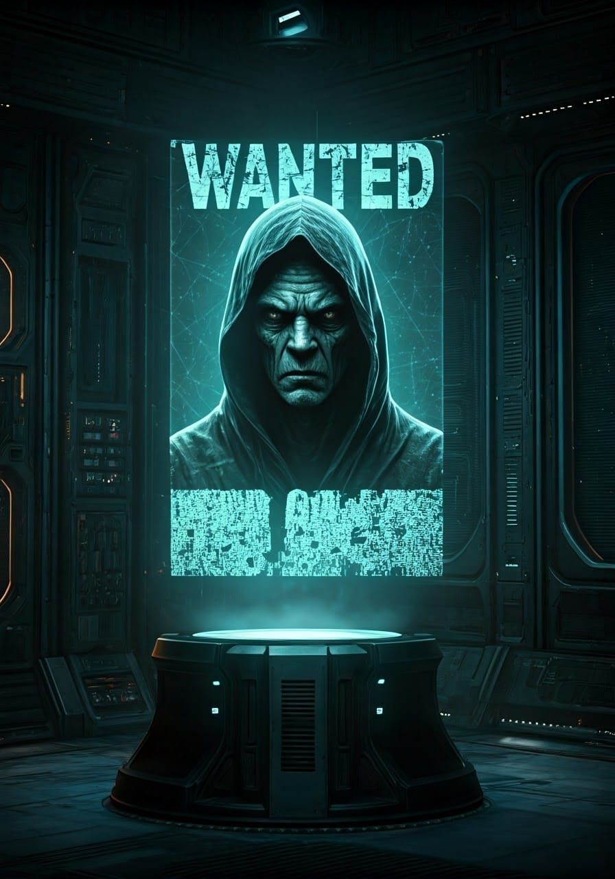 3D holographic wanted poster image of an evil Alien criminal...