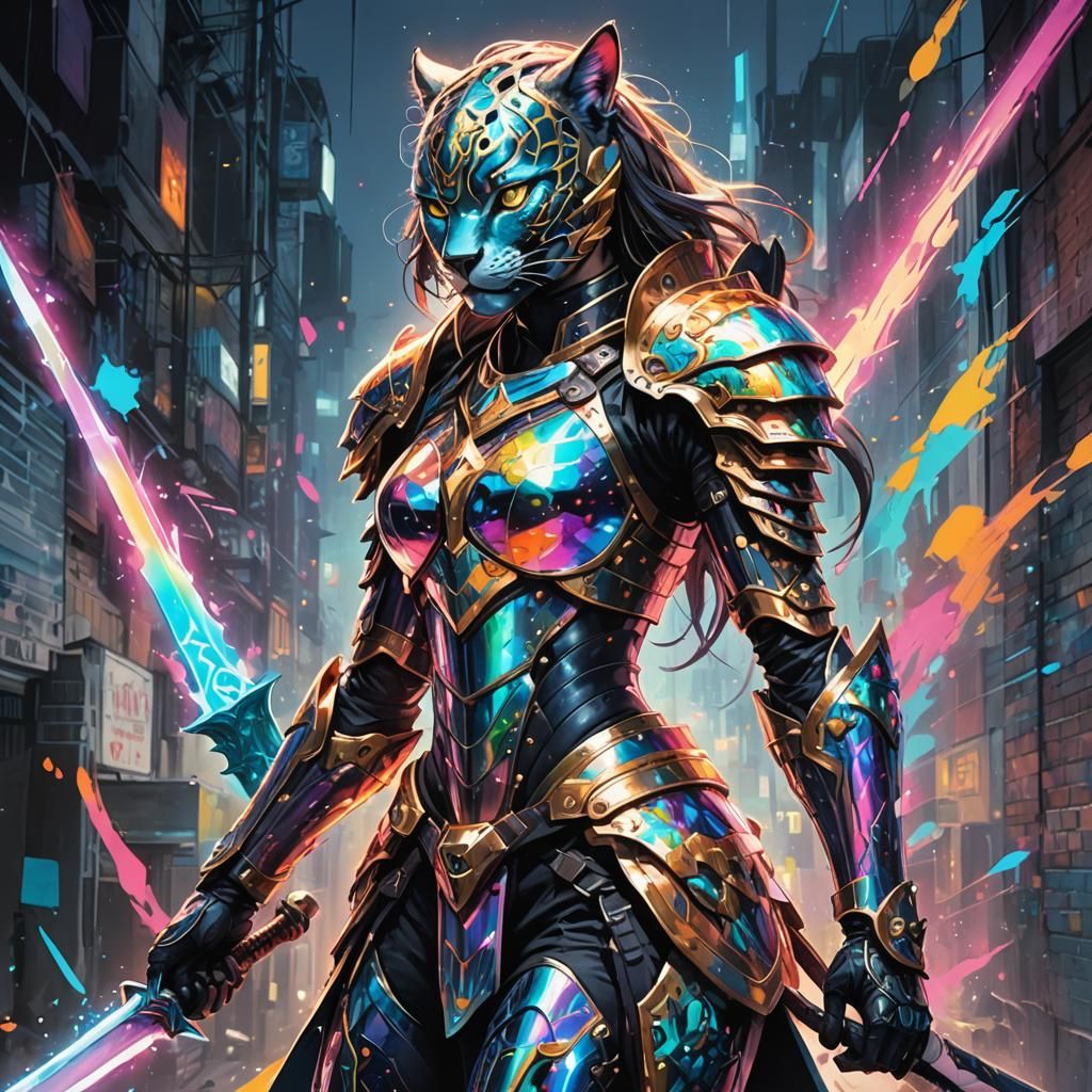 Anime Woman Warrior in Panther Armor, Graffiti Art