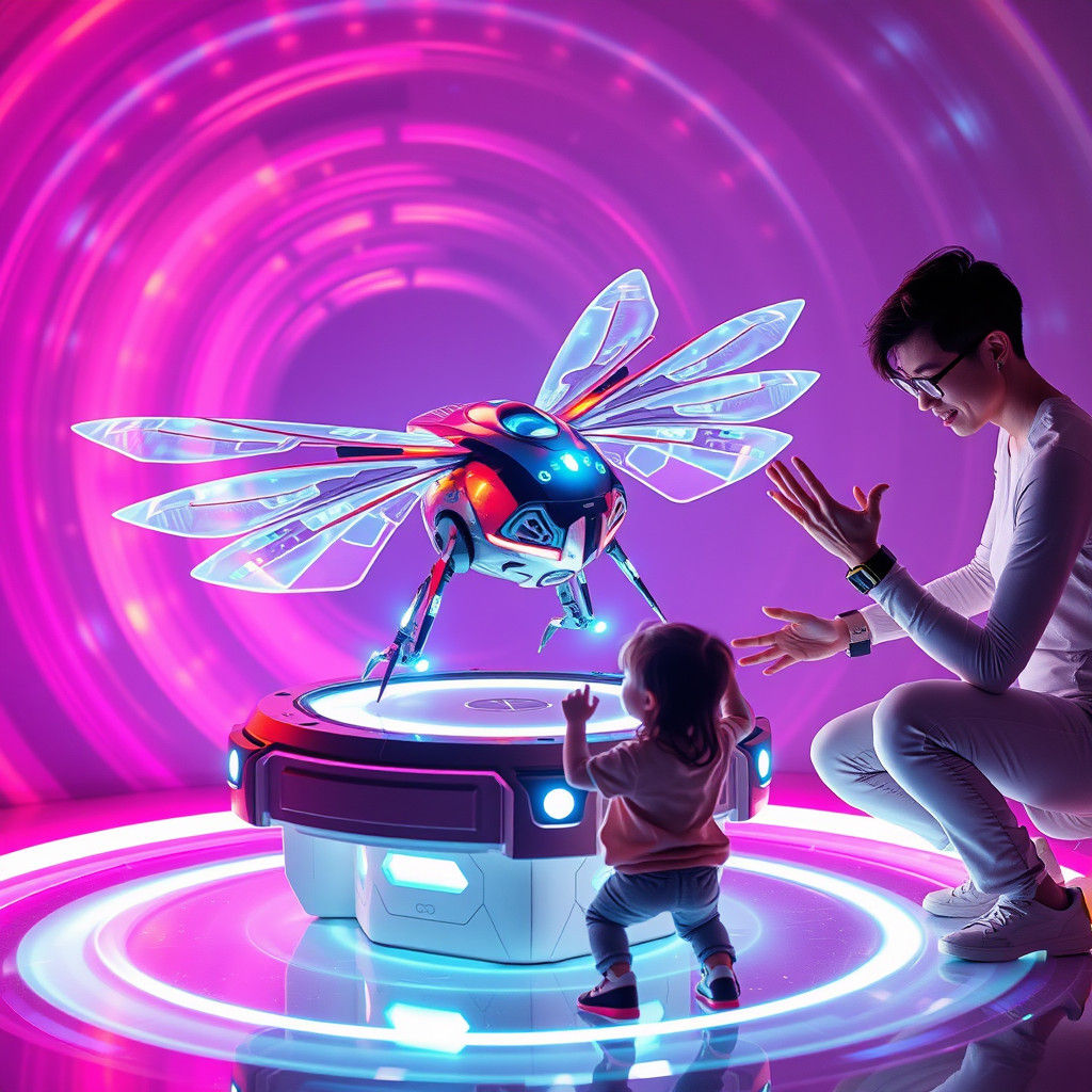 Futuristic Family Discovering Shape-Shifting Toy in Cyberpun...