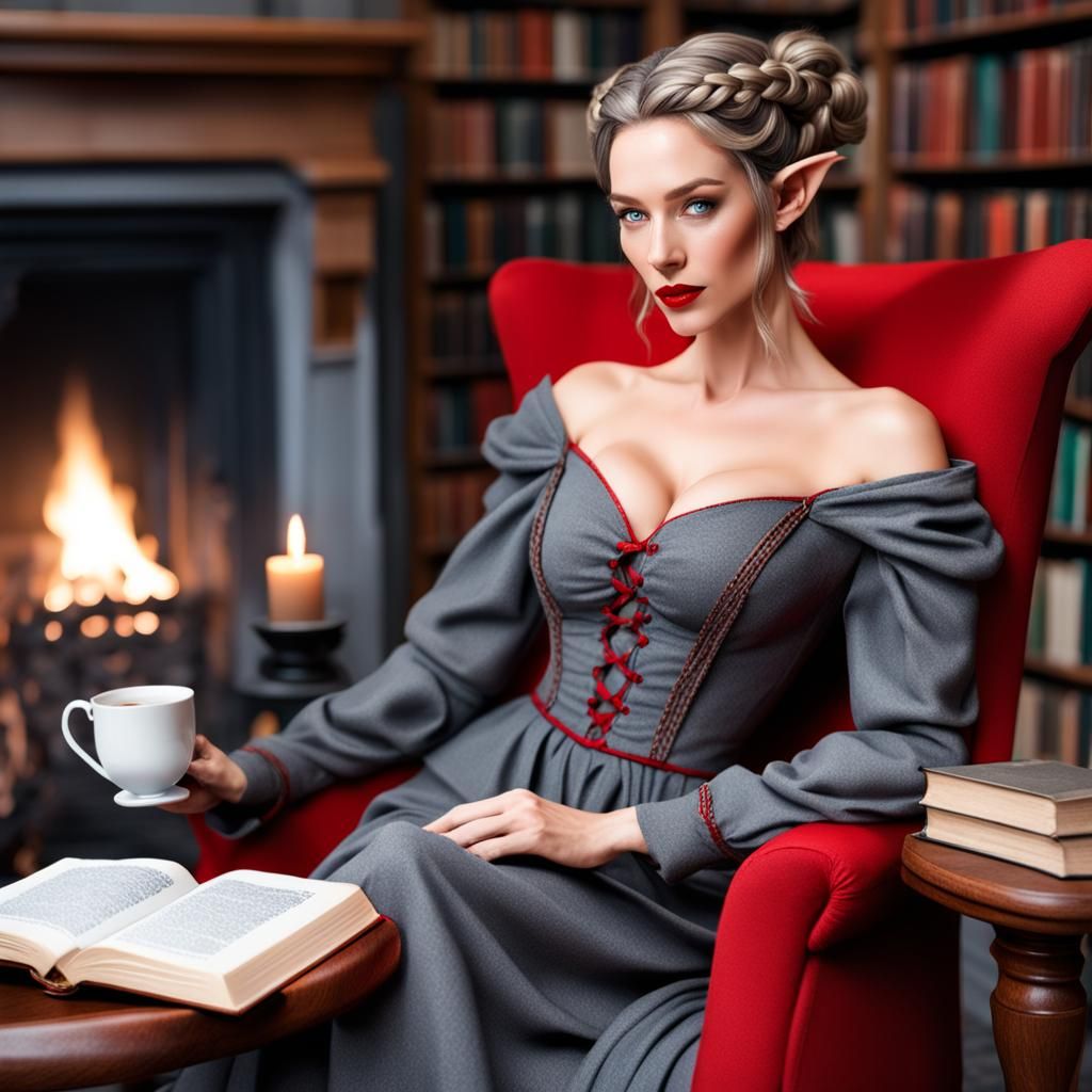 Fantasy Fae Woman Reading in Library