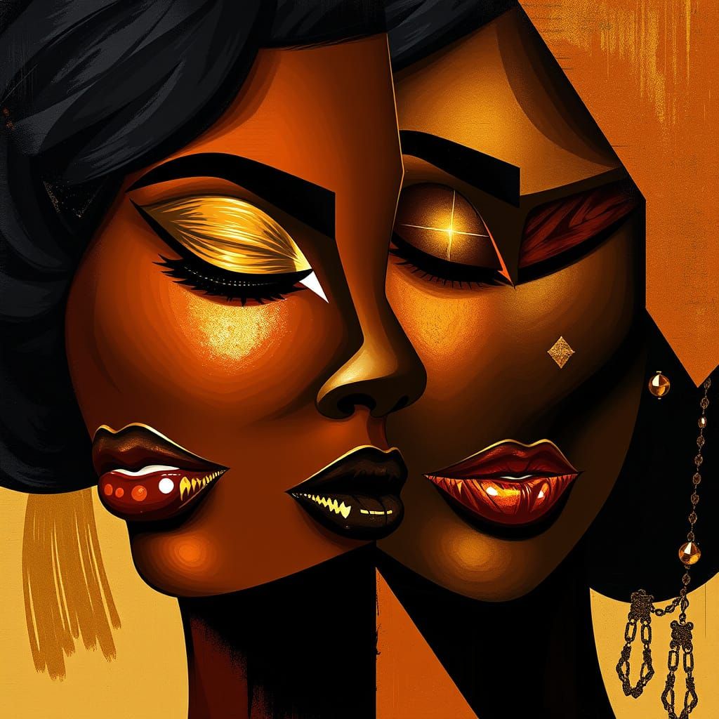 Surreal Afrocentric Cubist Portraits Merge in Dynamic Gold a...
