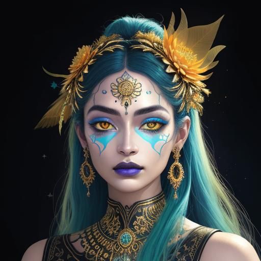 Woman with Gold Skin and Peacock Feathers