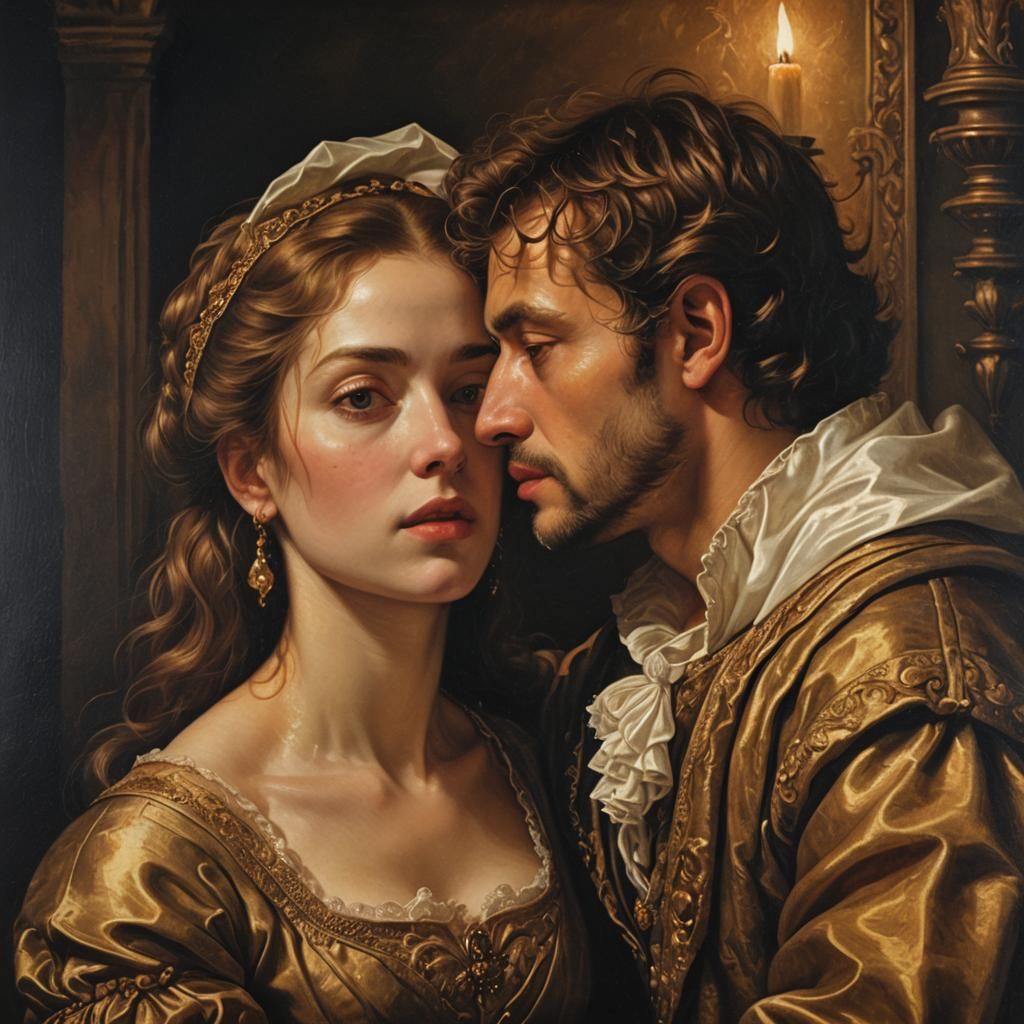 Embrace in Candlelight: Renaissance Oil Painting