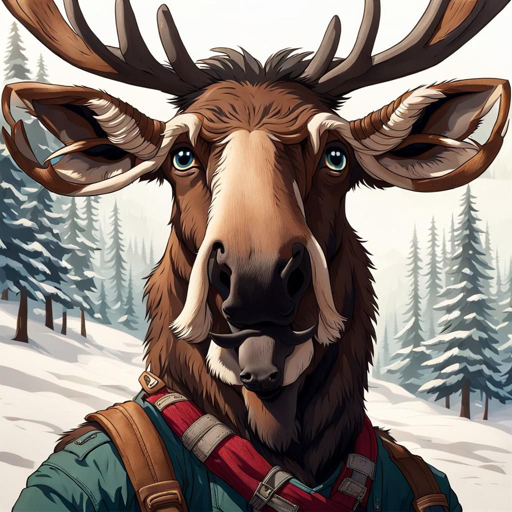 Humanized Moose Face with Goofy Eyes and Antlers