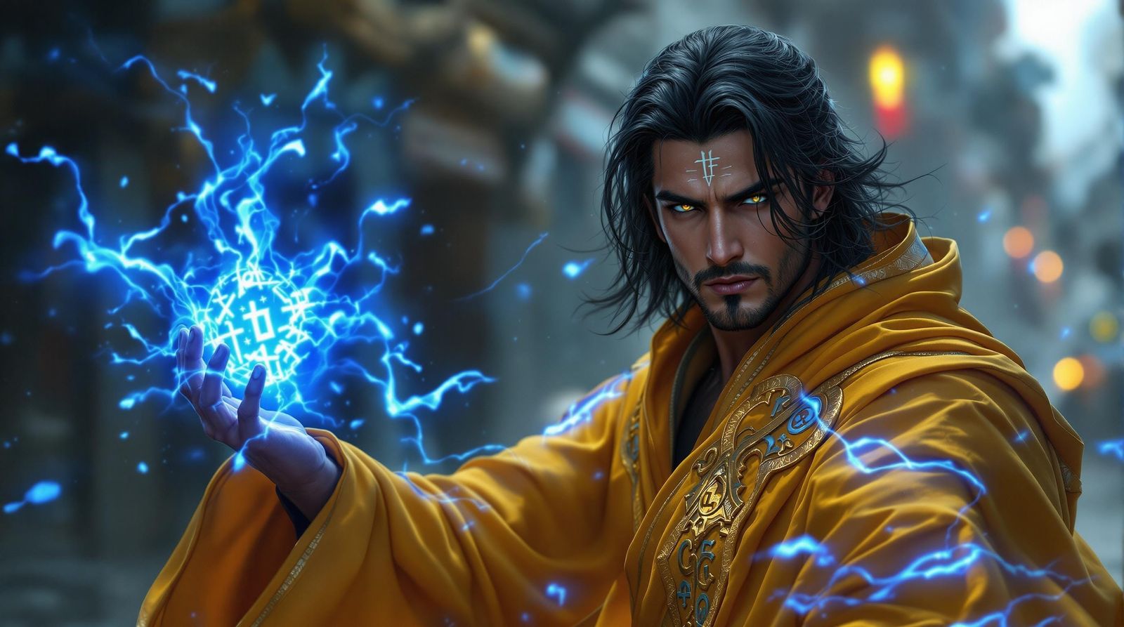 Chiseled Mage Commands the Elements in Vibrant Fantasy Scene