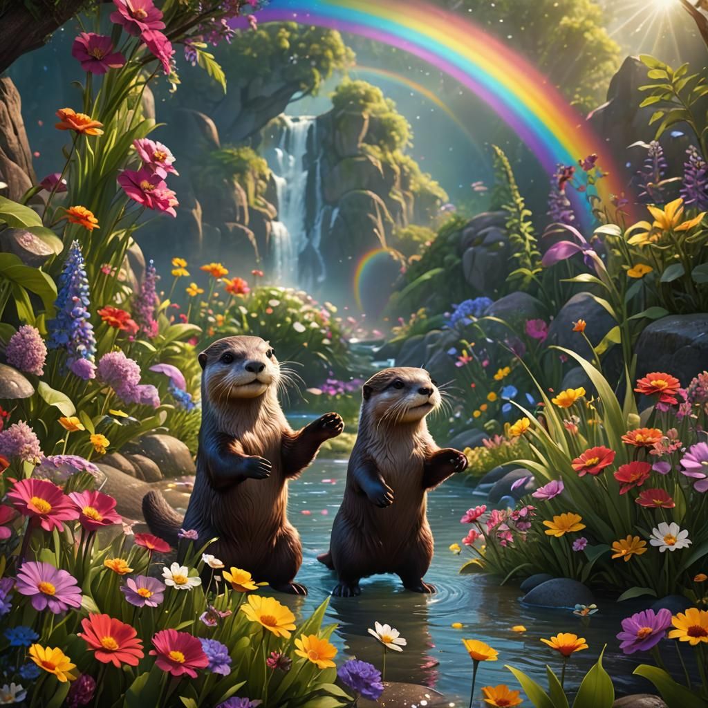 Dancing Otter in a Fantastical Rainbow Landscape