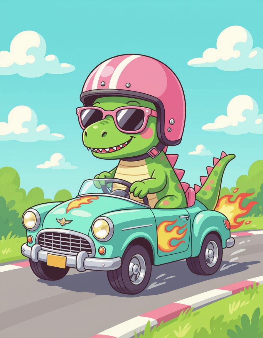 Pastel Dinosaur in Dino-Car, Cartoon Style