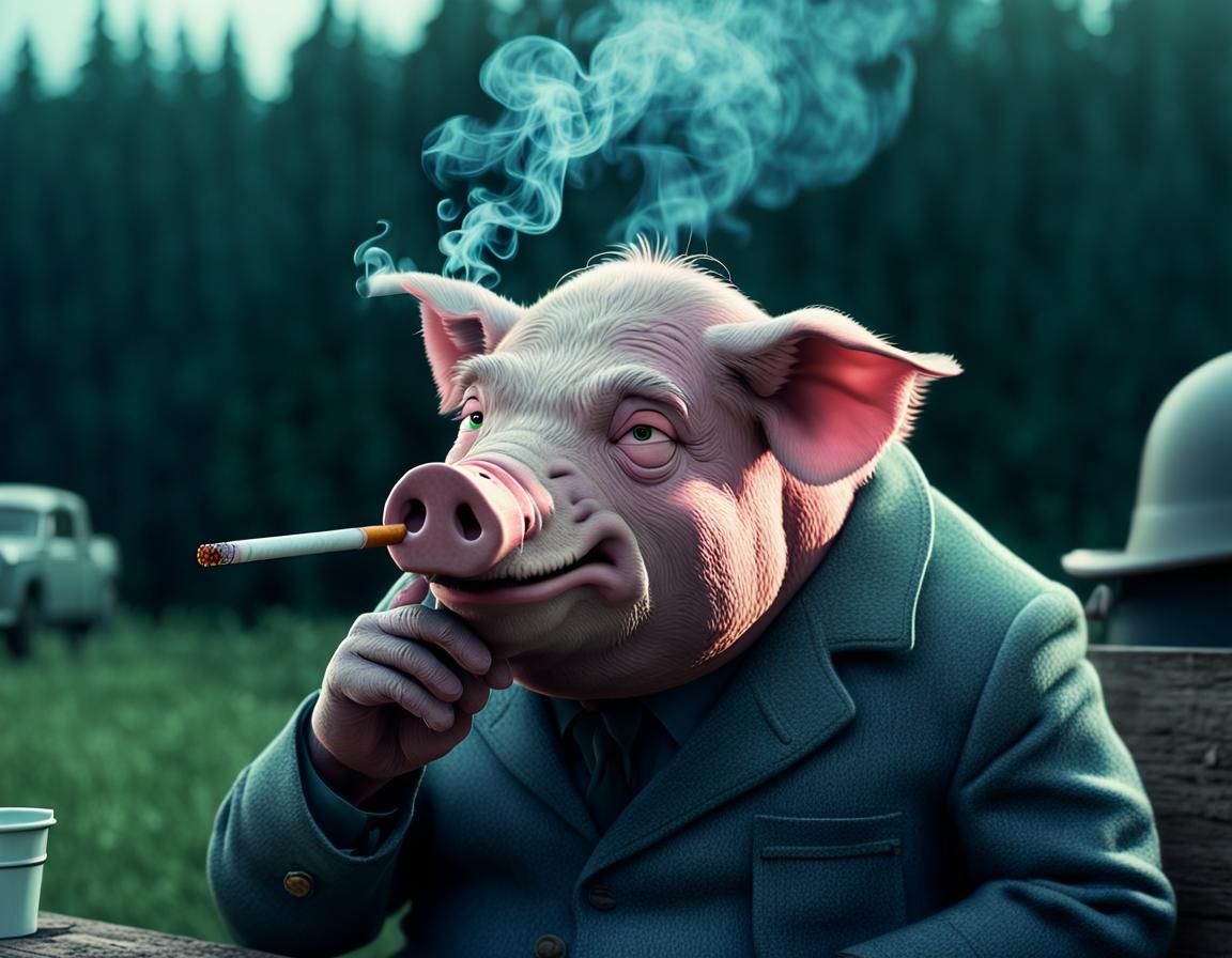 Grumpy Cartoon Pig Smoking: CGI Cinematic Still