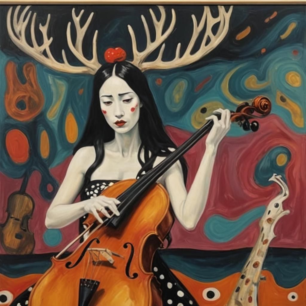 Stag Cellist in Surrealist Oil Painting Style