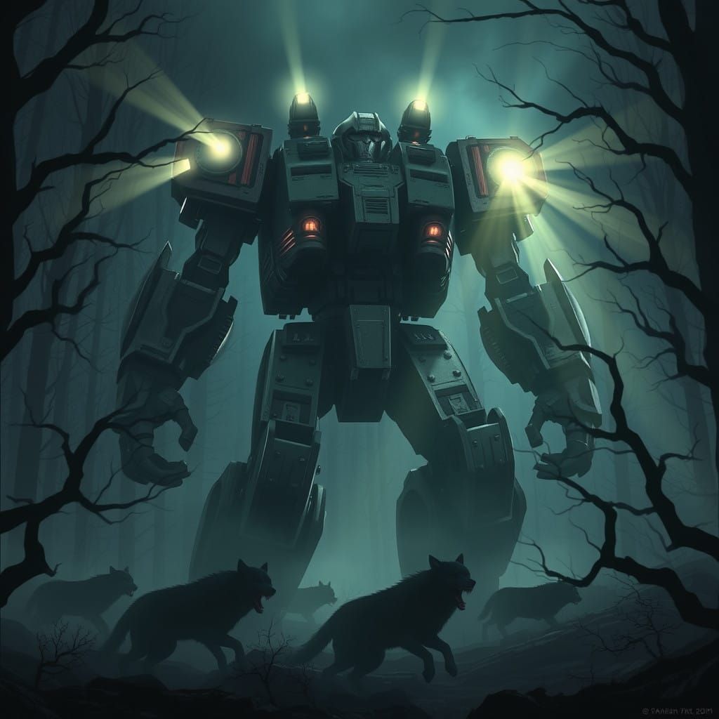 Ethereal Mecha Illuminates Dark Forest, Fleeing Monsters
