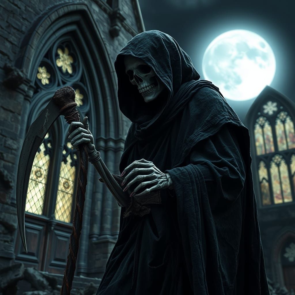 Grim Reaper Emerges from Gothic Church
