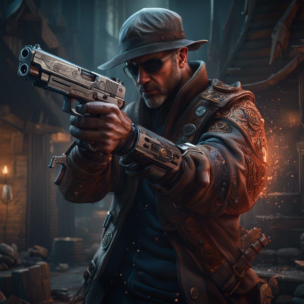 One-Armed Man with Pistol: Detailed Matte Painting