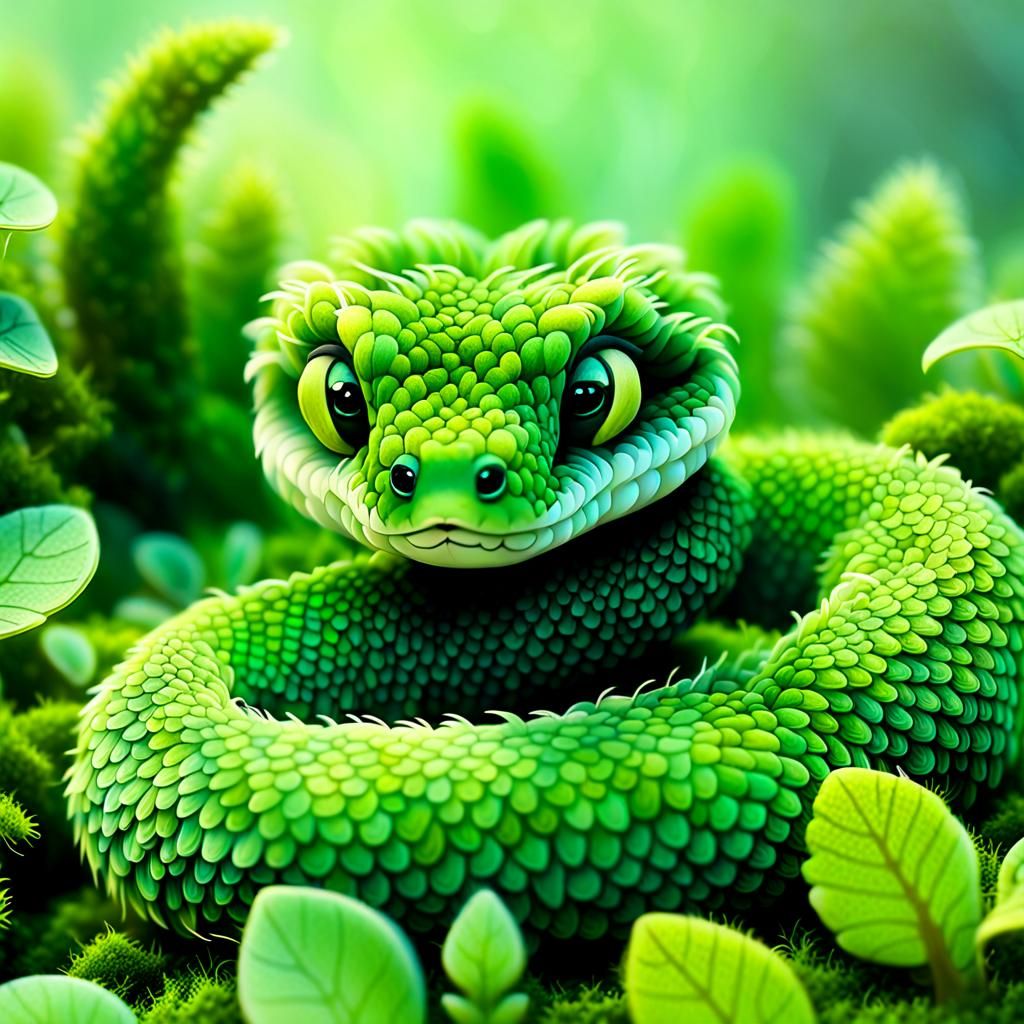 Adorable Baby Moss Snake in Whimsical Digital Art