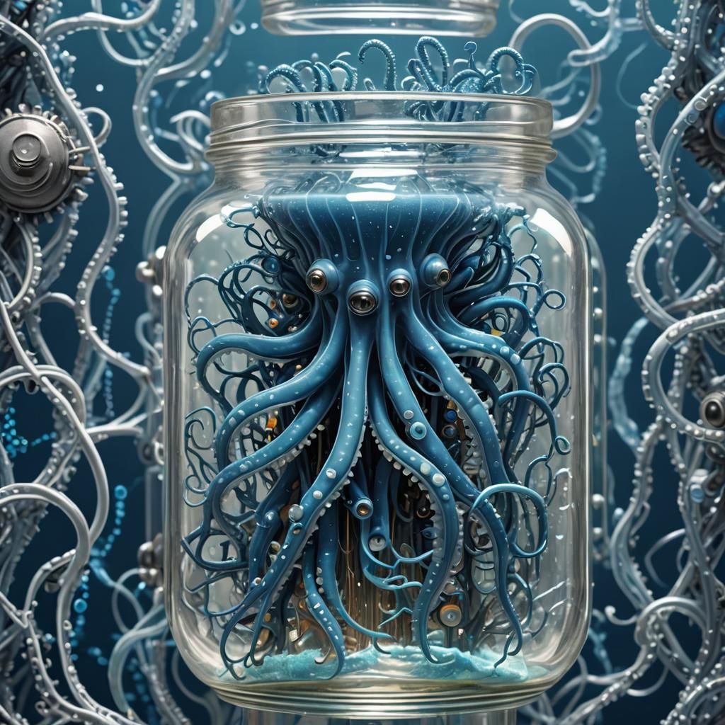 Blue Circuit Microchip with Tentacles in Glass Jar
