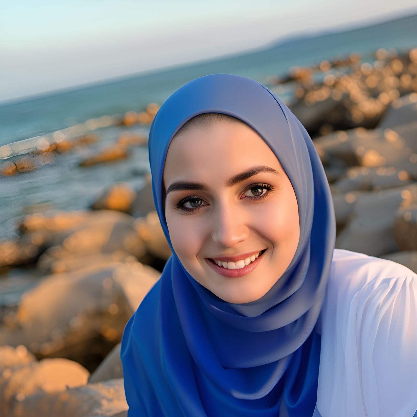Smiling Hijabi Girl by the Sea