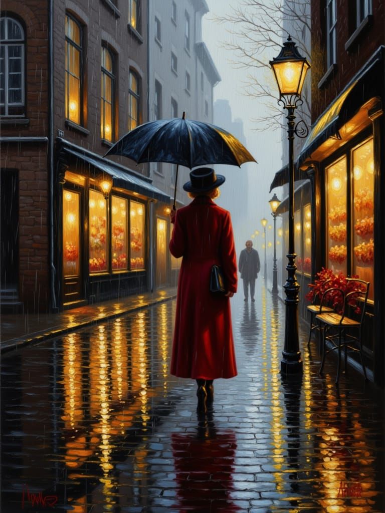 Woman in Red Coat in Rainy City, Oil Painting