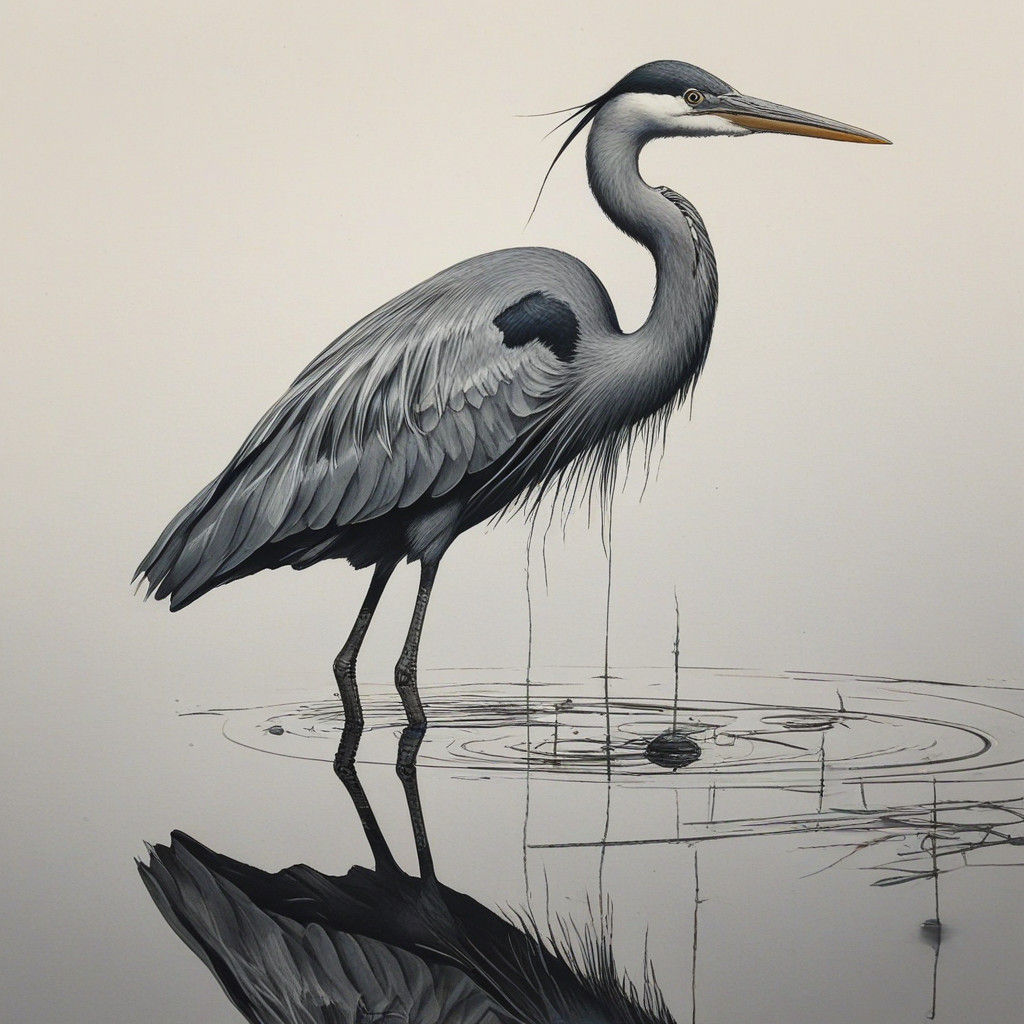 Mechanical Heron in Charcoal Reflections