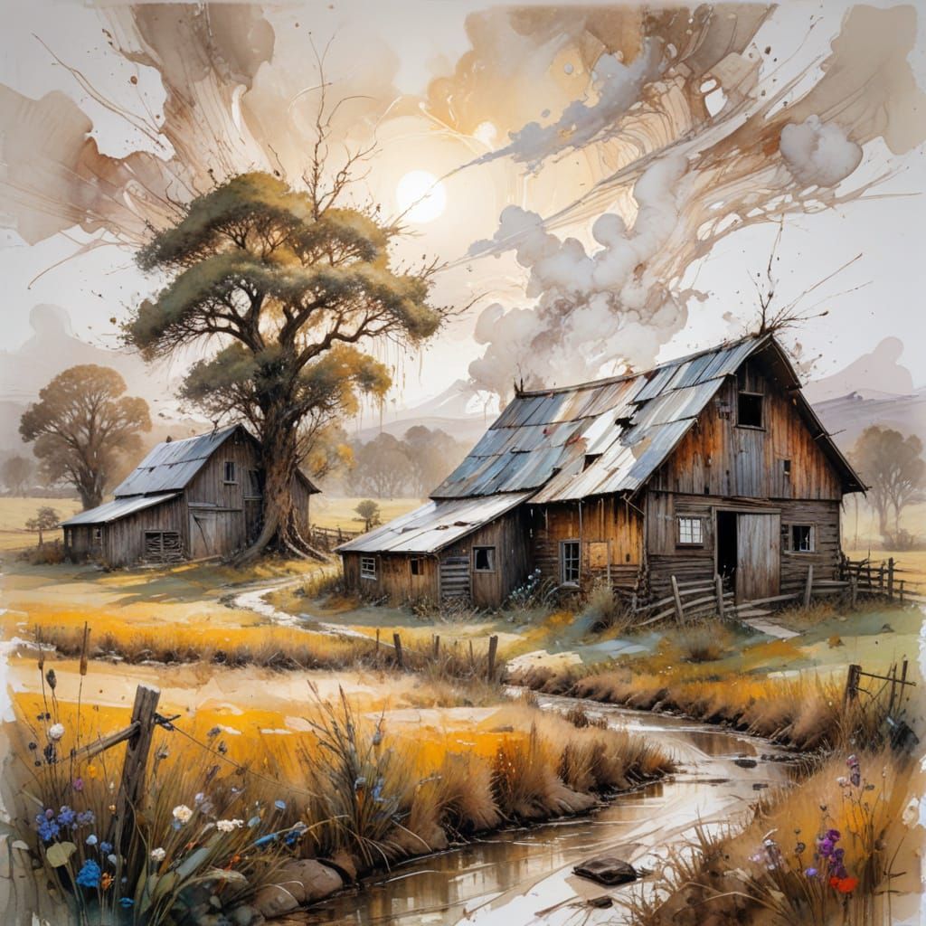 Enchanting Gothic Farm Scene as Impasto Painting
