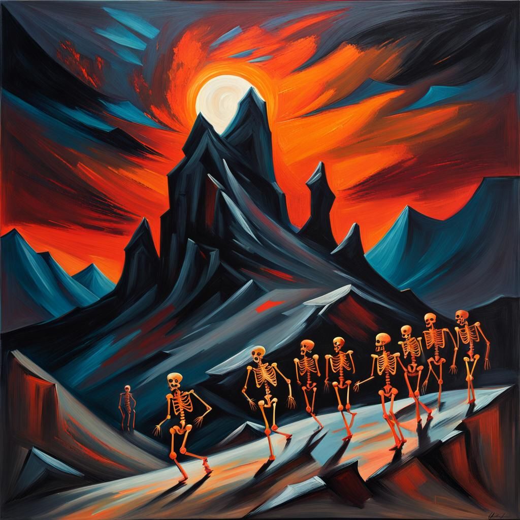 Skeletal Dance on Barren Mountain in Expressionist Oil