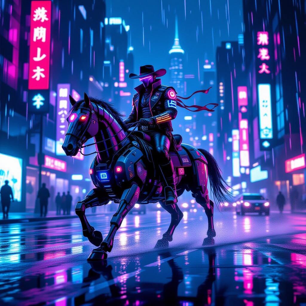 Cybernetic Cowboy Rides Mechanical Steed in Neon City