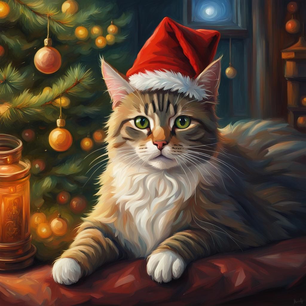 Festive Cat Portrait by Christmas Tree as Oil Painting