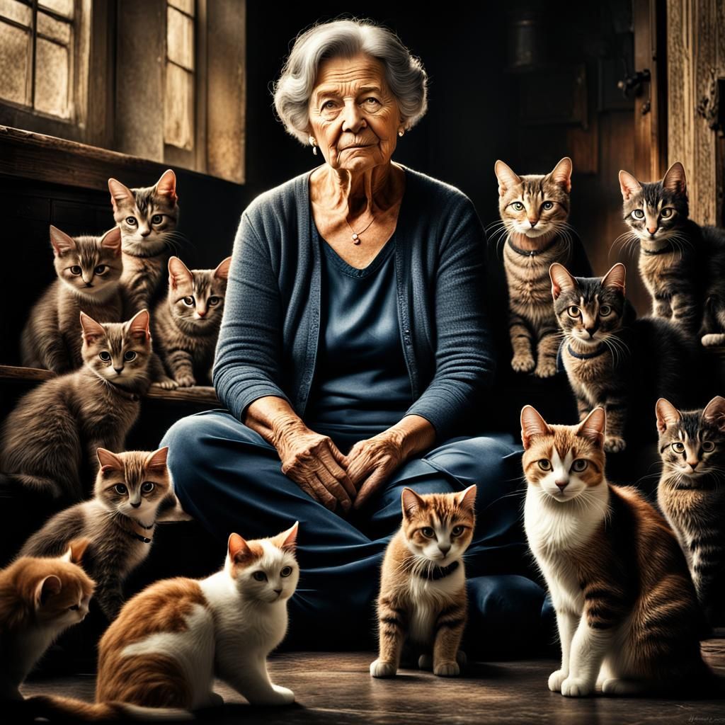 Kind Woman Surrounded by Children and Cats
