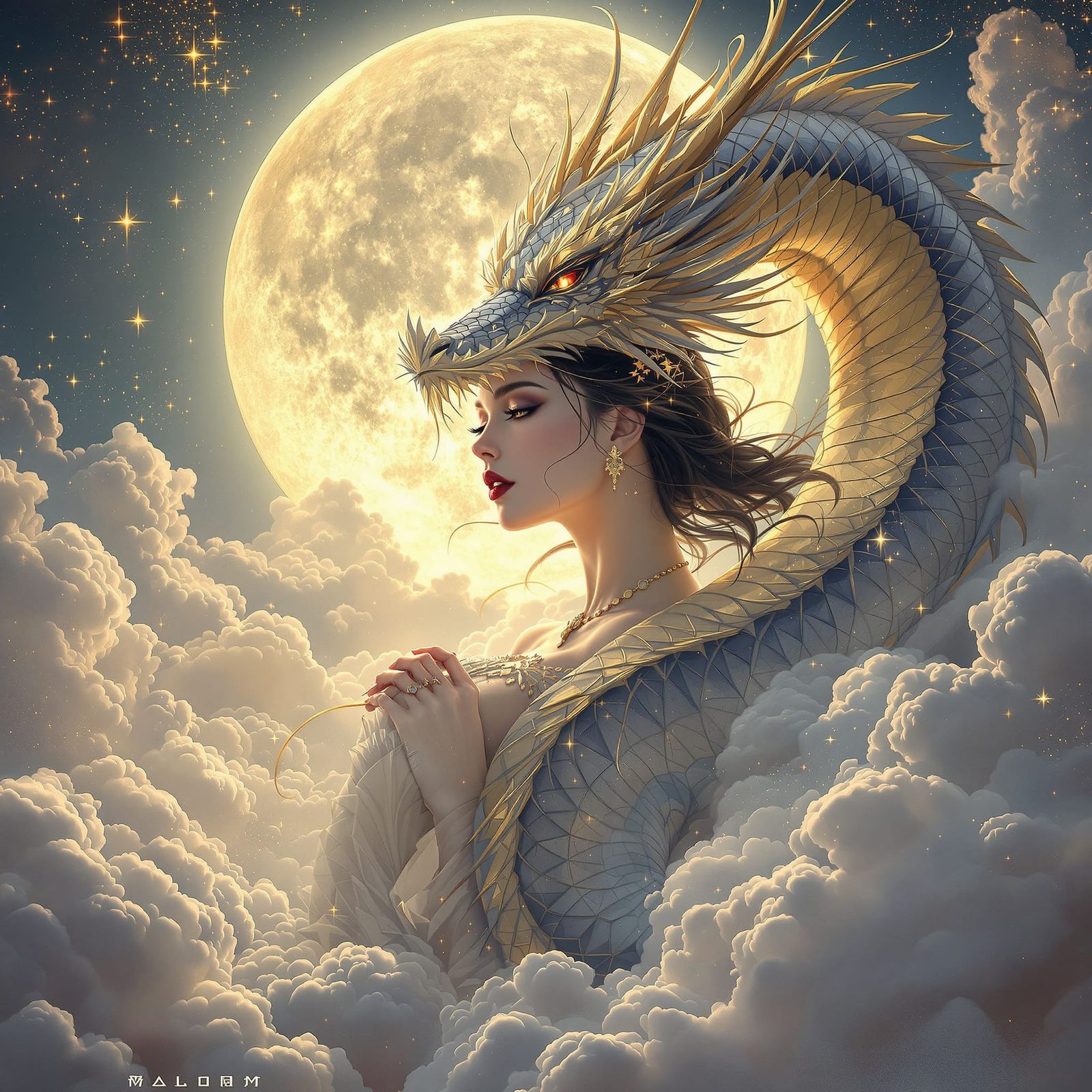 Art Deco Moon Princess with Dragon Companion