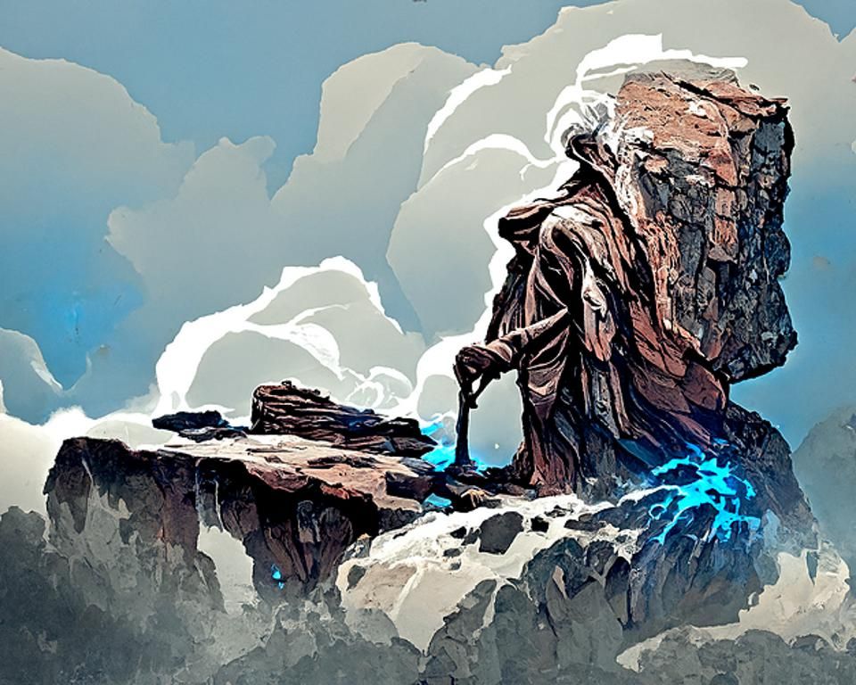 Old Mage on Rocky Cliff Digital Artwork