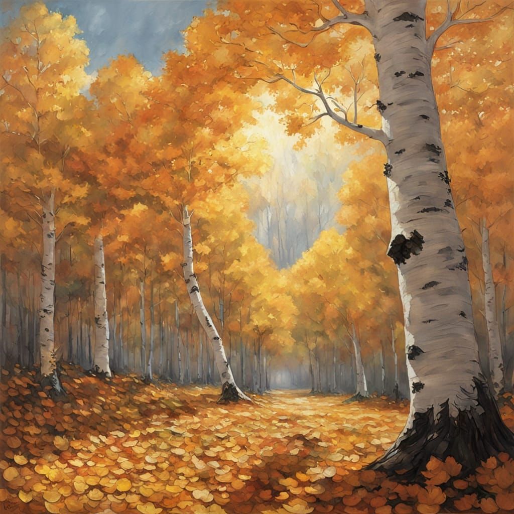 Autumn Aspens Praying to the Sky in Oil Painting