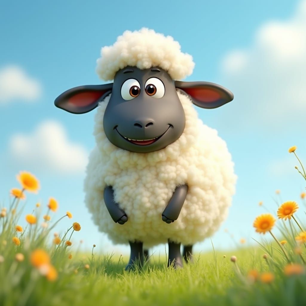 Whimsical 3D Animated Sheep Character in a Lush Green Meadow