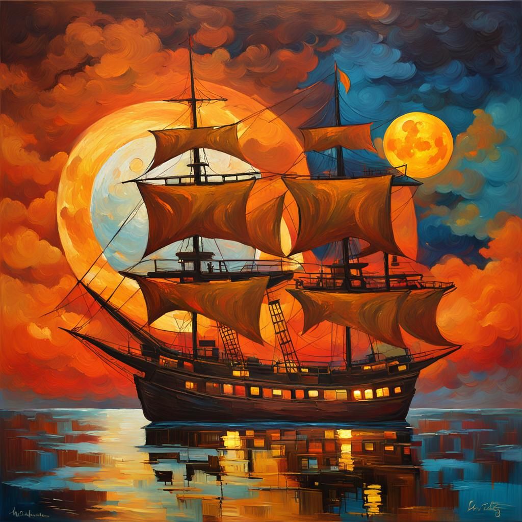 Fauvist Ship Sails Under Golden Moonlit Sky