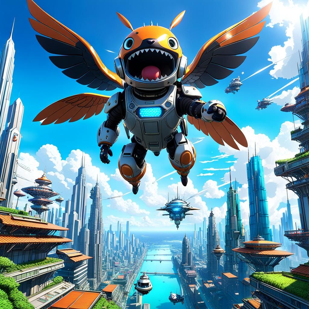 Creature Soaring Through Cryopunk Sky Metropolis