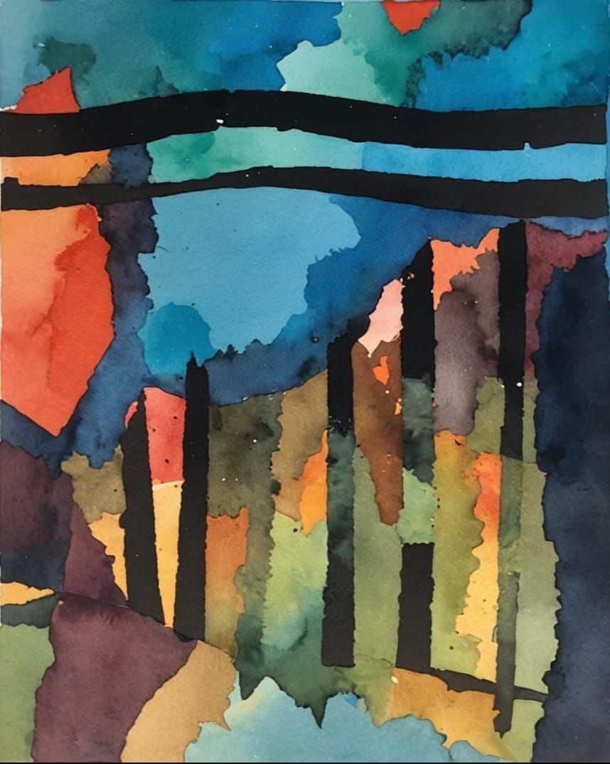 Watercolor Collage with Abstract Shapes and Landscape