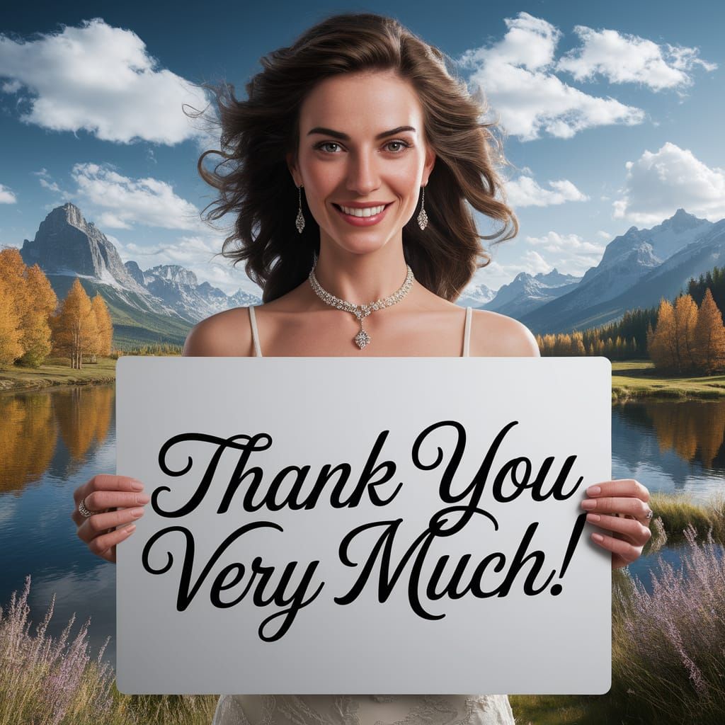 Stunning Woman Holds "Thank You" Sign in Hyperrealistic Phot...