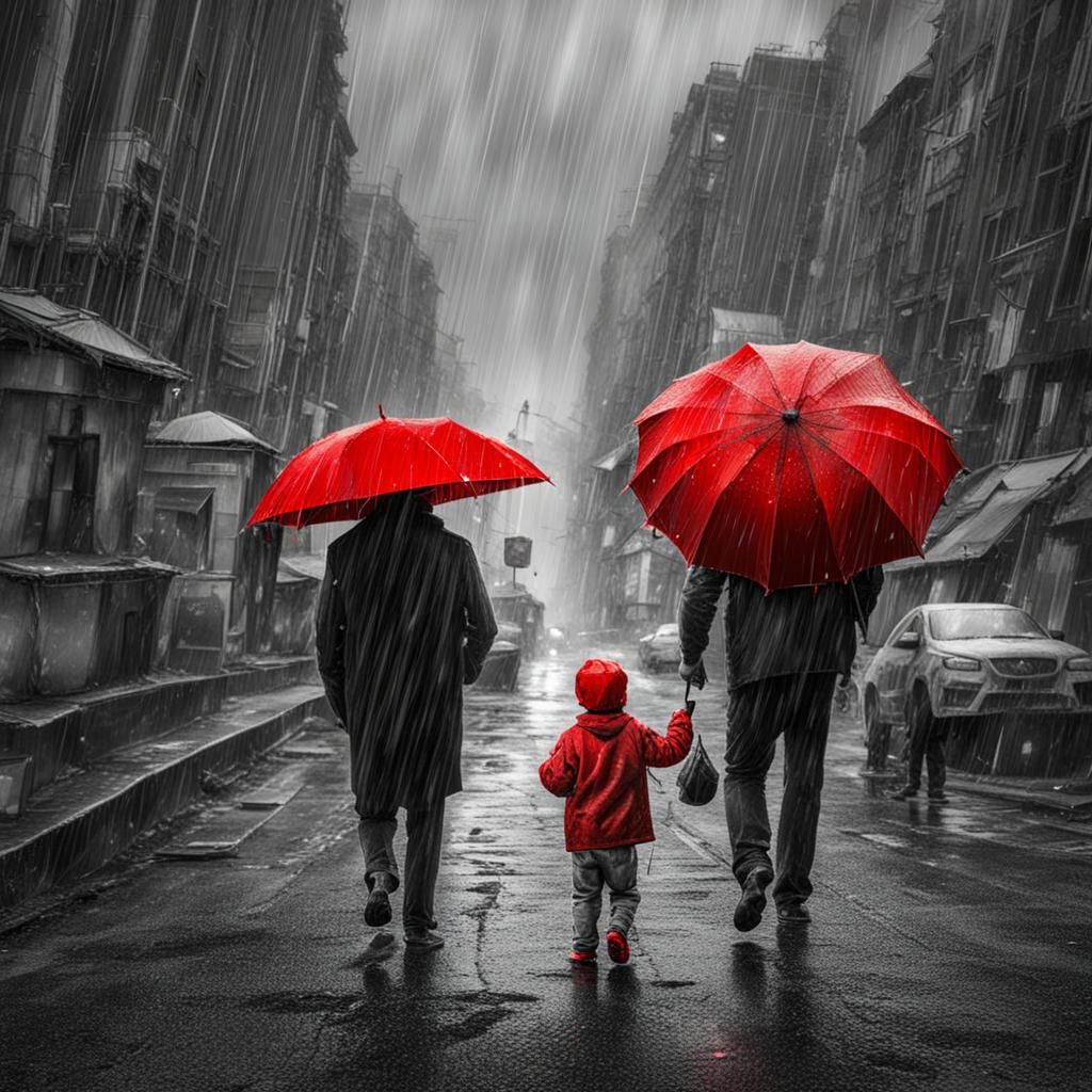 Father and Son Under Red Umbrella on Rainy Day