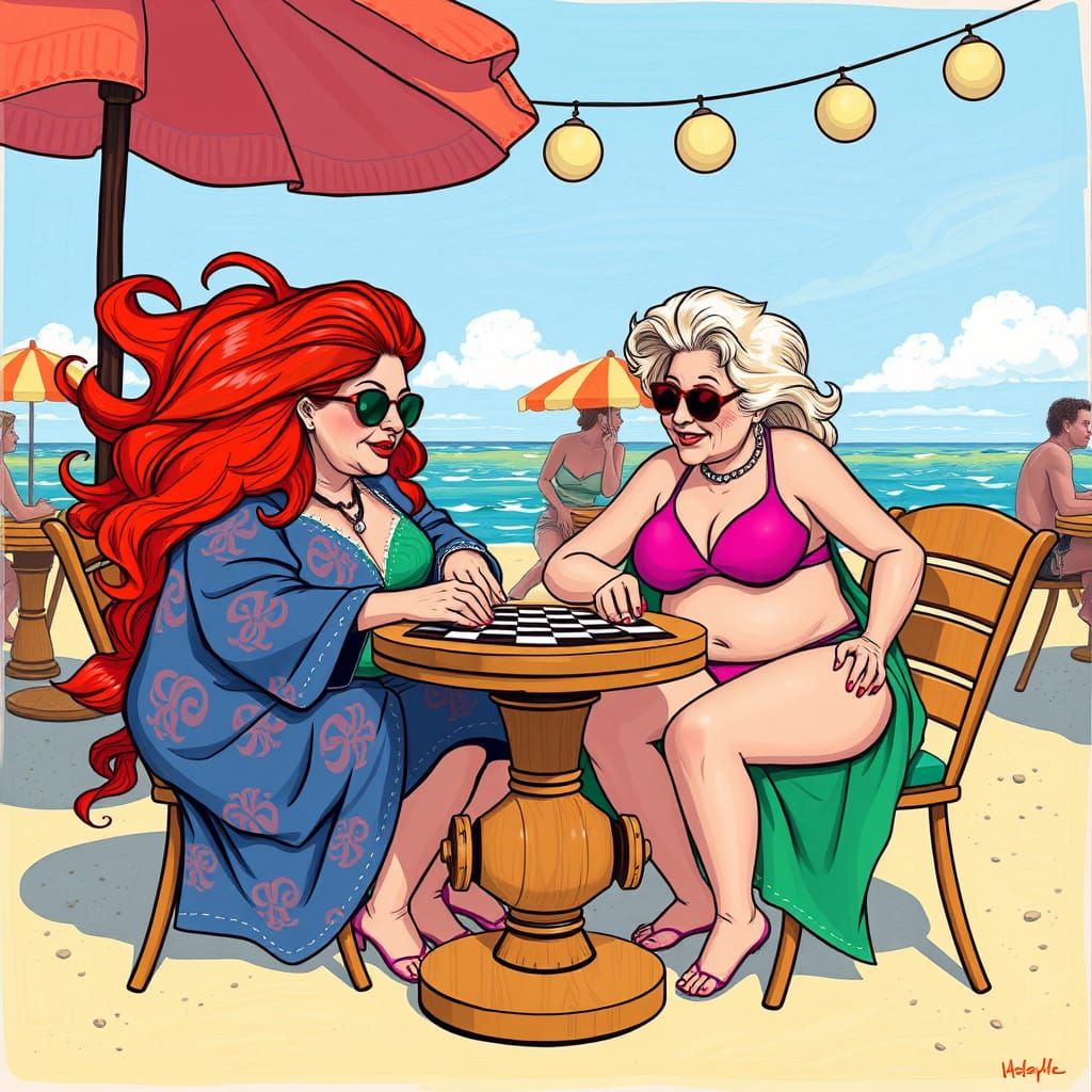 Whimsical Grannies Play Checkers at Seaside Cafe