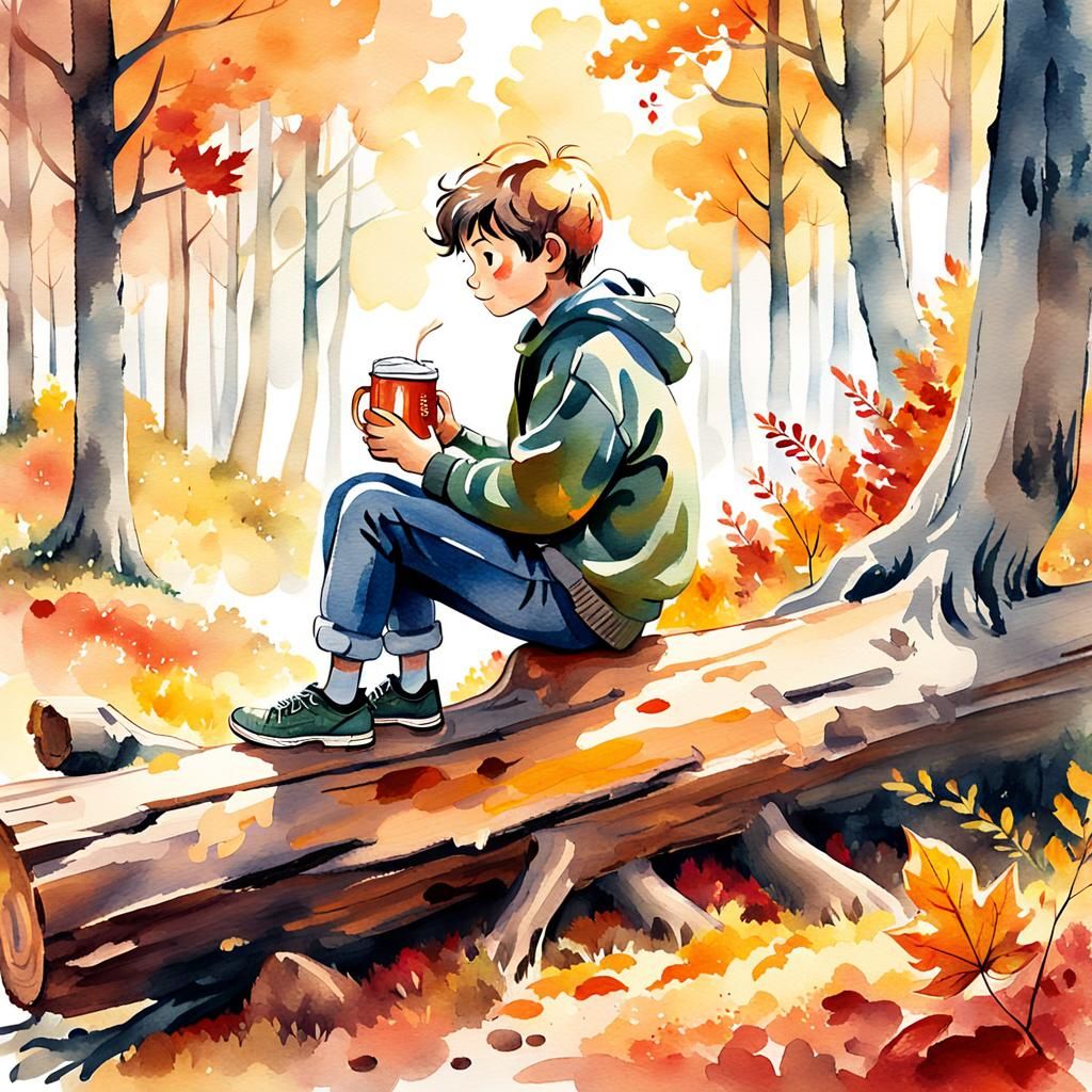 Boy With Cider in Autumn Forest, Watercolor Sketch