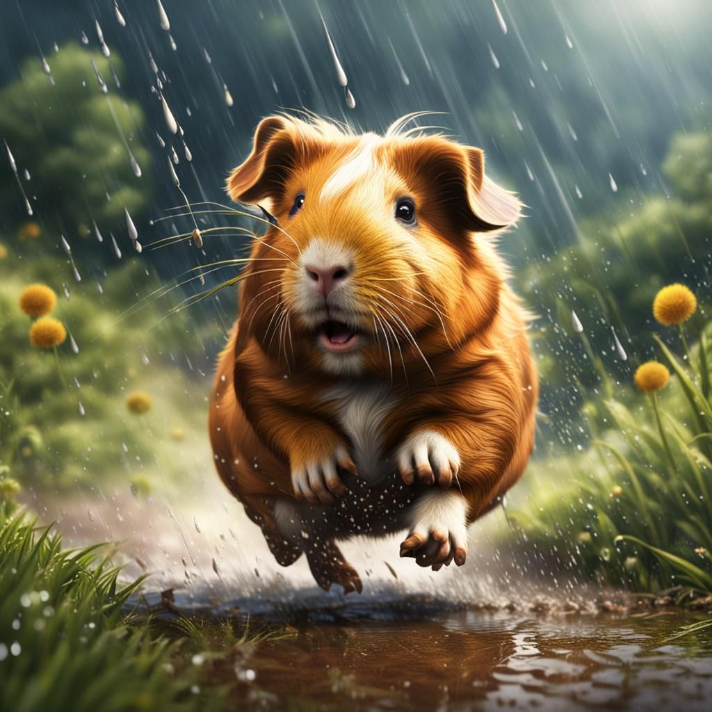 Happy Guinea Pigs Running in the Rain