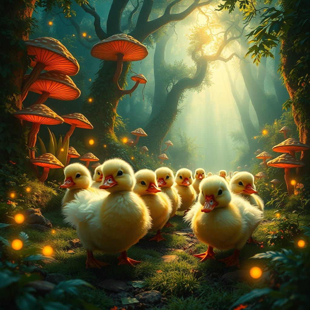 Whimsical Forest Ducks in Lush, Glowing Landscapes