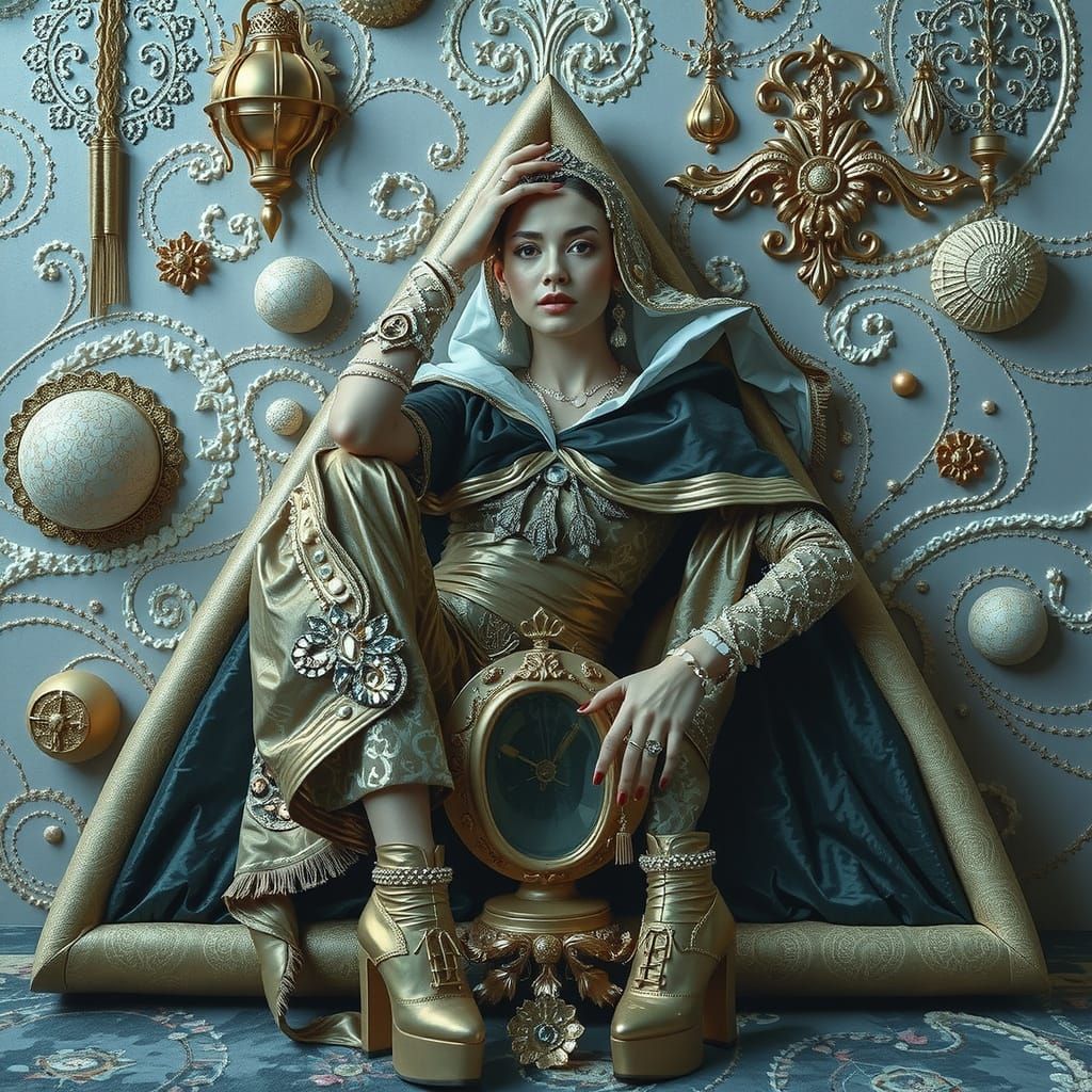 Elegant Woman Posing in Surreal Psychedelic Setting