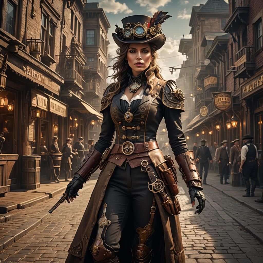 Create an image of a European Steampunk girl full regalia down the main street of a steampunk western town, Epic shot, d...