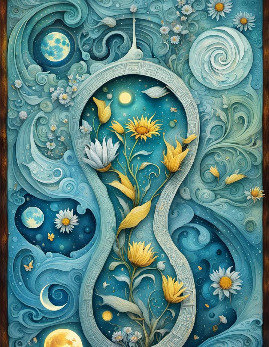 Surreal Yin Yang Hourglass in Watercolor Style