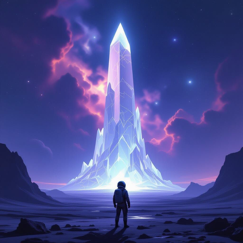 Astronaut Gazes at Crystal Structure on Alien Planet