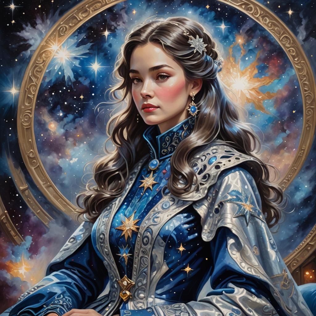 Praying Woman in Galaxy Nebula, Fauvist Oil Painting