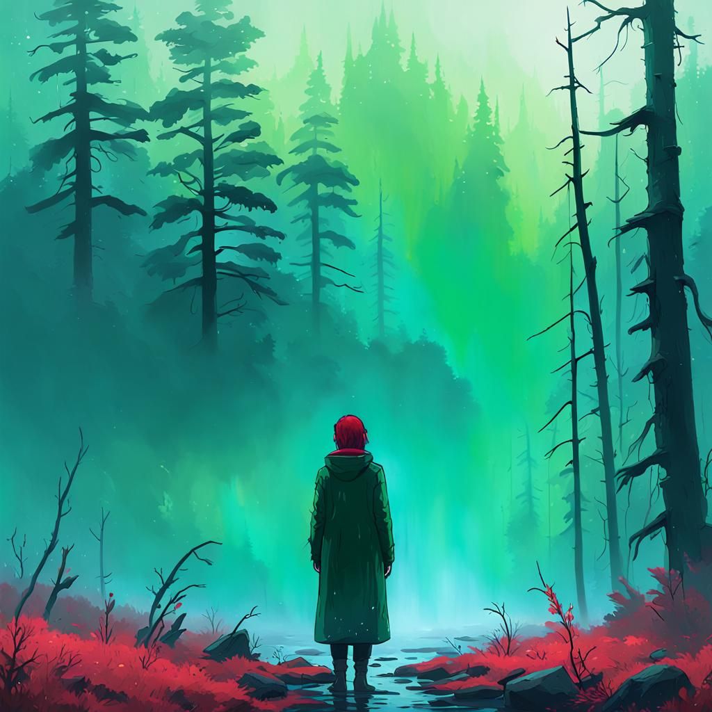 Mysterious Woman in Fog-Shrouded Forest