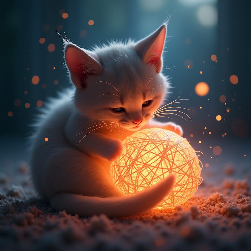 Feline with Iridescent Yarn in Dreamlike Matte Painting